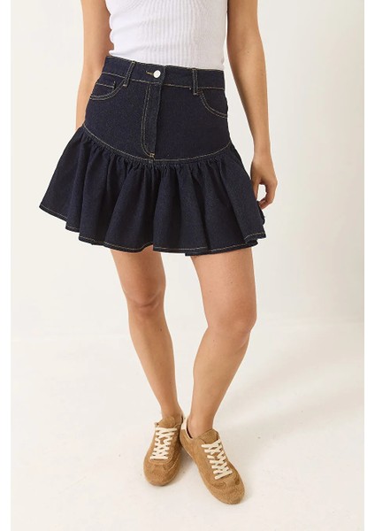 Kadın Volanlı Cep Detaylı %100 Pamuk Lacivert Denim Mini Etek modelleri