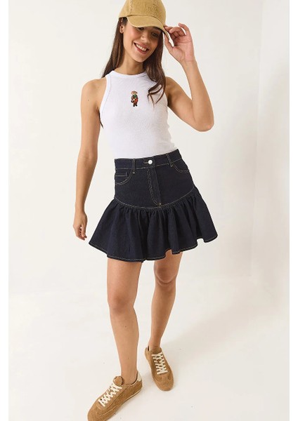 Kadın Volanlı Cep Detaylı %100 Pamuk Lacivert Denim Mini Etek fırsatları