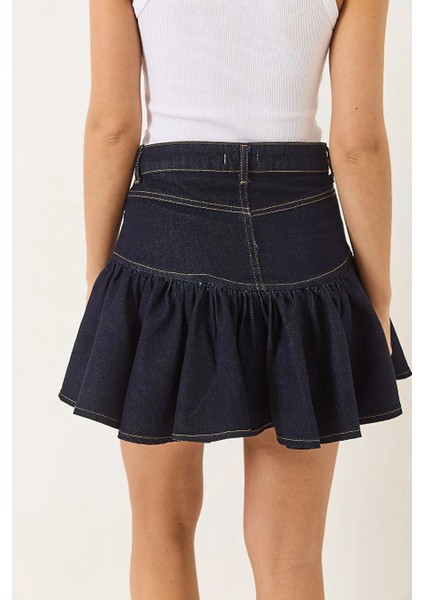 Kadın Volanlı Cep Detaylı %100 Pamuk Lacivert Denim Mini Etek indirimleri