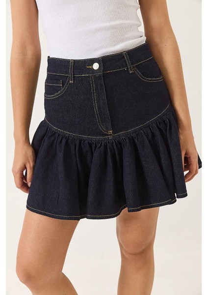 Kadın Volanlı Cep Detaylı %100 Pamuk Lacivert Denim Mini Etek