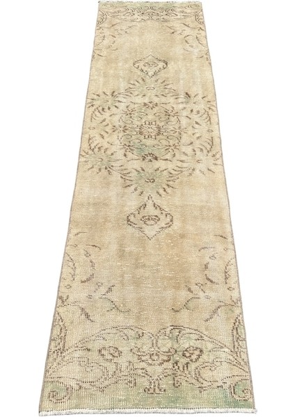 Vintage Beyaz Yeşil Yolluk 75X260 Eskitme %100 Yün Halı Yeşil