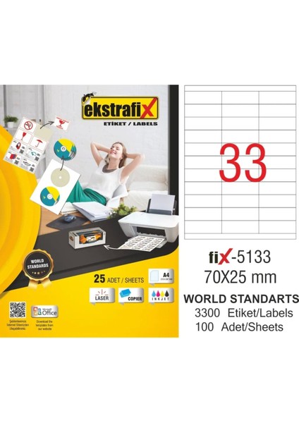 100 Yaprak Laser Etiket 70X25MM, Baskı ve Yazıcı Uyumlu, Çok Amaçlı Renkli Etiket