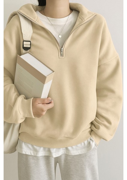 Kadın Pamuklu Oversize Silver Yarım Fermuarlı Sweatshirt