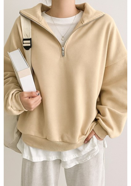 Kadın Pamuklu Oversize Silver Yarım Fermuarlı Sweatshirt fiyatları