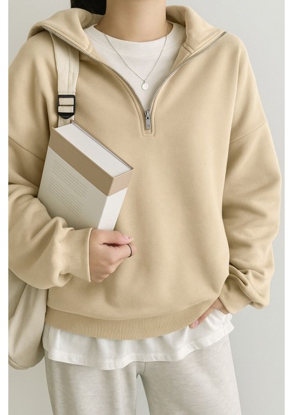 Kadın Pamuklu Oversize Silver Yarım Fermuarlı Sweatshirt modelleri