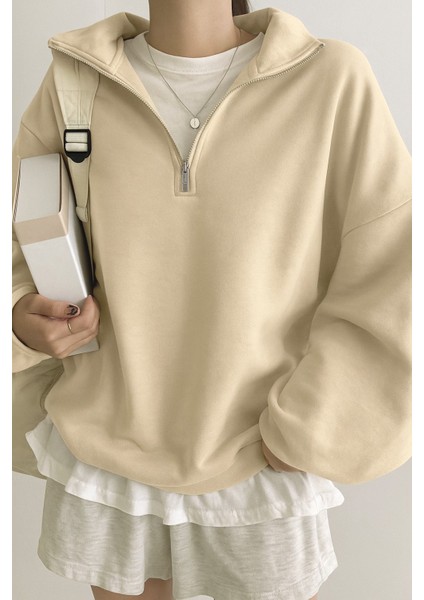 Kadın Pamuklu Oversize Silver Yarım Fermuarlı Sweatshirt fırsatları