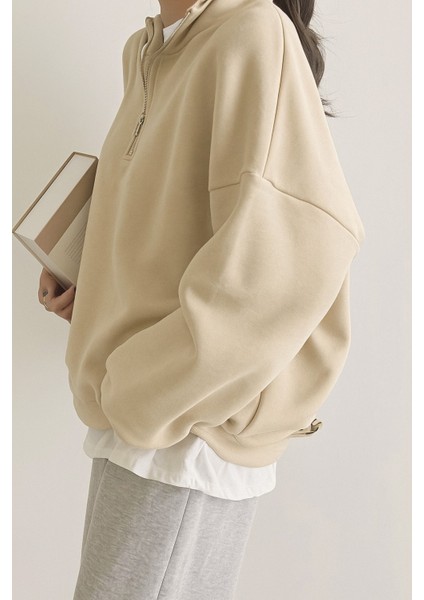 Kadın Pamuklu Oversize Silver Yarım Fermuarlı Sweatshirt indirimleri