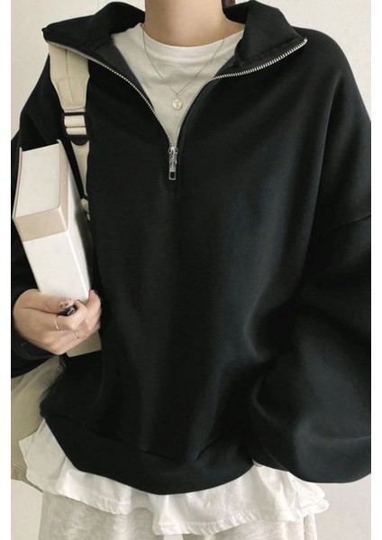 Kadın Pamuklu Oversize Silver Yarım Fermuarlı Sweatshirt