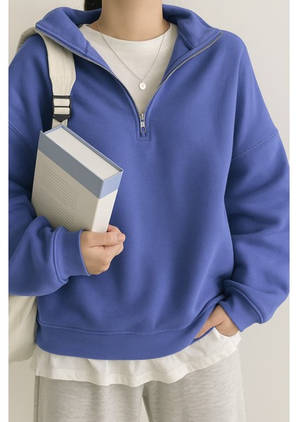 Kadın Pamuklu Oversize Silver Yarım Fermuarlı Sweatshirt