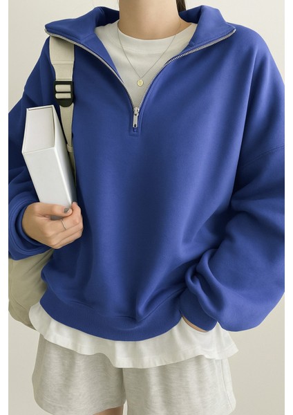 Kadın Pamuklu Oversize Silver Yarım Fermuarlı Sweatshirt modelleri