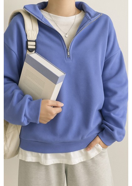 Kadın Pamuklu Oversize Silver Yarım Fermuarlı Sweatshirt fırsatları