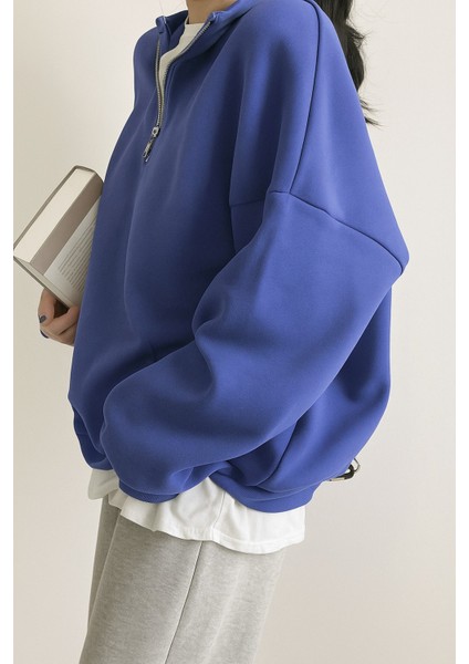 Kadın Pamuklu Oversize Silver Yarım Fermuarlı Sweatshirt indirimleri