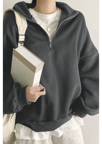 Kadın Pamuklu Oversize Silver Yarım Fermuarlı Sweatshirt