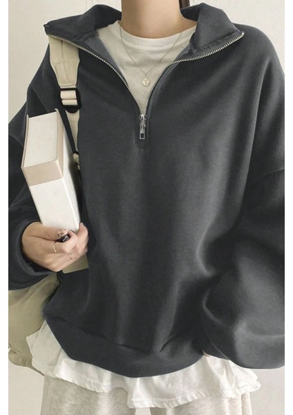 Kadın Pamuklu Oversize Silver Yarım Fermuarlı Sweatshirt fırsatları