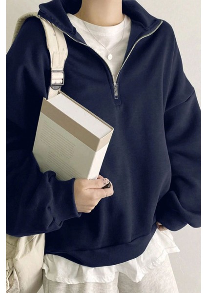 Kadın Pamuklu Oversize Silver Yarım Fermuarlı Sweatshirt