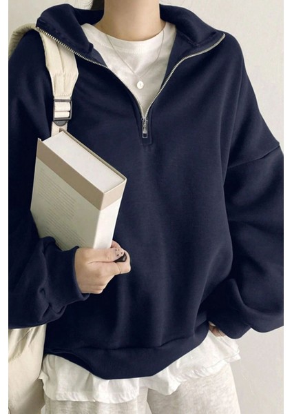 Kadın Pamuklu Oversize Silver Yarım Fermuarlı Sweatshirt fiyatları