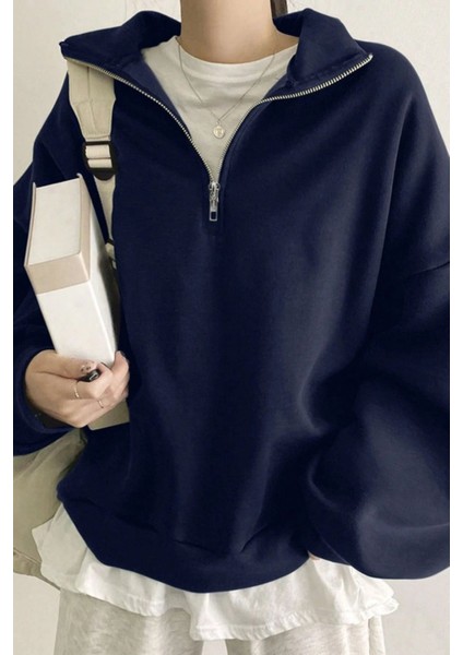 Kadın Pamuklu Oversize Silver Yarım Fermuarlı Sweatshirt fırsatları