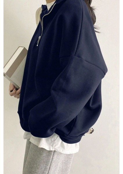 Kadın Pamuklu Oversize Silver Yarım Fermuarlı Sweatshirt indirimleri