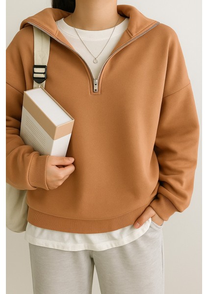 Kadın Pamuklu Oversize Silver Yarım Fermuarlı Sweatshirt