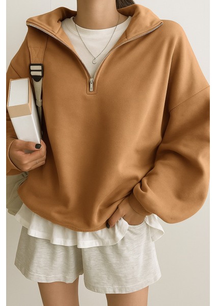 Kadın Pamuklu Oversize Silver Yarım Fermuarlı Sweatshirt fiyatları