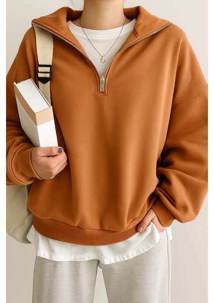 Kadın Pamuklu Oversize Silver Yarım Fermuarlı Sweatshirt fırsatları