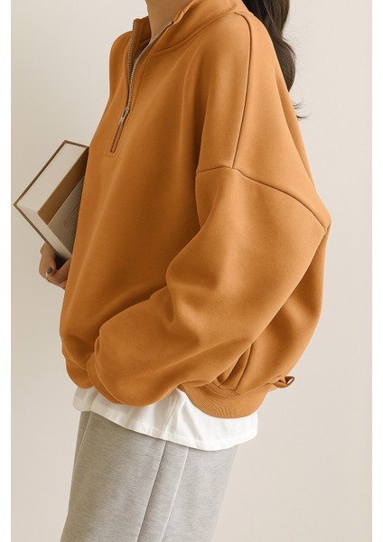 Kadın Pamuklu Oversize Silver Yarım Fermuarlı Sweatshirt indirimleri