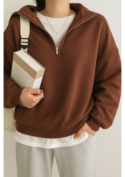 Kadın Pamuklu Oversize Silver Yarım Fermuarlı Sweatshirt