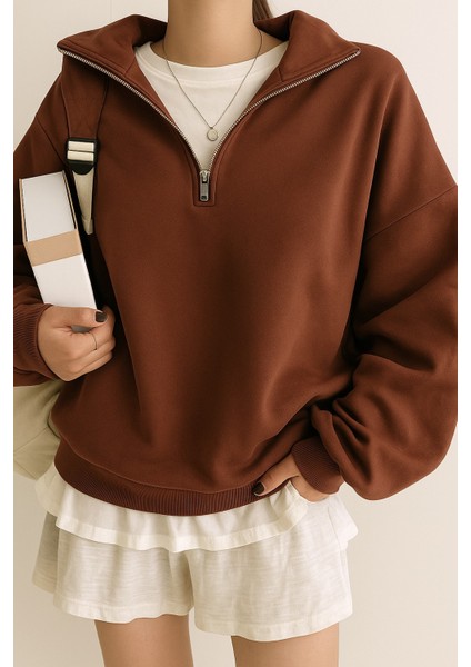 Kadın Pamuklu Oversize Silver Yarım Fermuarlı Sweatshirt fiyatları