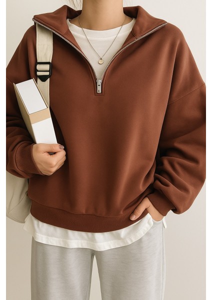 Kadın Pamuklu Oversize Silver Yarım Fermuarlı Sweatshirt modelleri