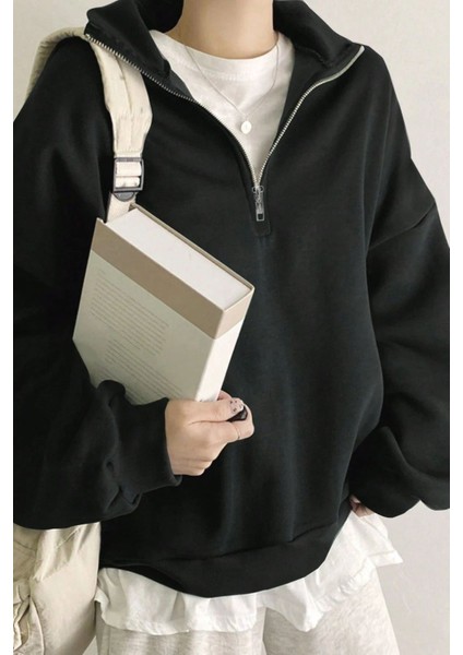 Kadın Pamuklu Oversize Silver Yarım Fermuarlı Sweatshirt fiyatları