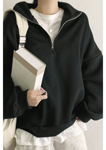 Kadın Pamuklu Oversize Silver Yarım Fermuarlı Sweatshirt modelleri