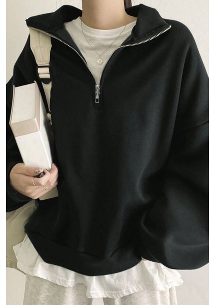 Kadın Pamuklu Oversize Silver Yarım Fermuarlı Sweatshirt fırsatları