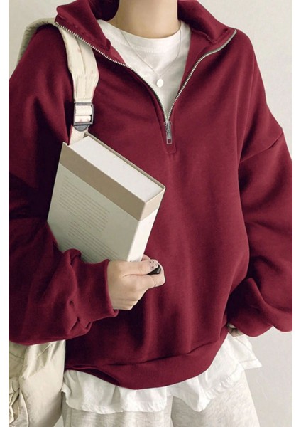 Kadın Pamuklu Oversize Silver Yarım Fermuarlı Sweatshirt