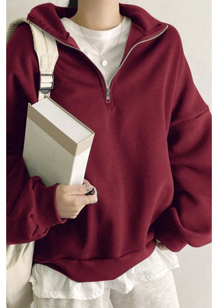 Kadın Pamuklu Oversize Silver Yarım Fermuarlı Sweatshirt fiyatları