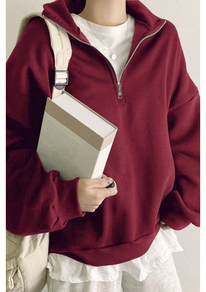 Kadın Pamuklu Oversize Silver Yarım Fermuarlı Sweatshirt modelleri