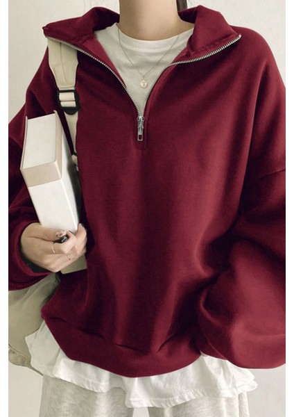 Kadın Pamuklu Oversize Silver Yarım Fermuarlı Sweatshirt fırsatları