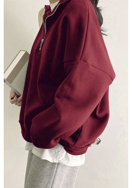 Kadın Pamuklu Oversize Silver Yarım Fermuarlı Sweatshirt indirimleri