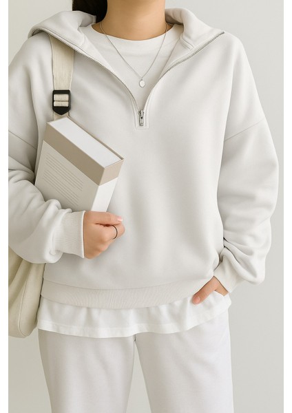 Kadın Pamuklu Oversize Silver Yarım Fermuarlı Sweatshirt