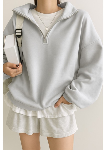 Kadın Pamuklu Oversize Silver Yarım Fermuarlı Sweatshirt fiyatları