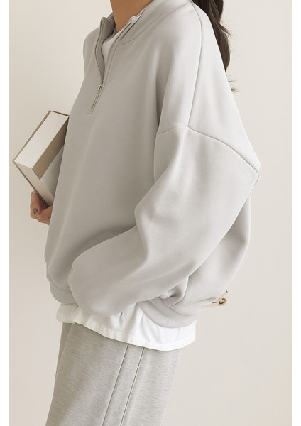 Kadın Pamuklu Oversize Silver Yarım Fermuarlı Sweatshirt indirimleri