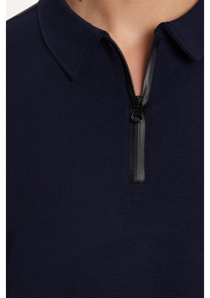 Erkek Standart Fit Pamuklu Fermuarlı Polo Yaka Beli Bağcıklı Lacivert Eşofman Takımı modelleri