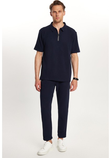Erkek Standart Fit Pamuklu Fermuarlı Polo Yaka Beli Bağcıklı Lacivert Eşofman Takımı indirimleri