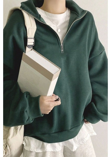 Kadın Pamuklu Oversize Silver Yarım Fermuarlı Sweatshirt