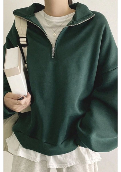Kadın Pamuklu Oversize Silver Yarım Fermuarlı Sweatshirt fiyatları