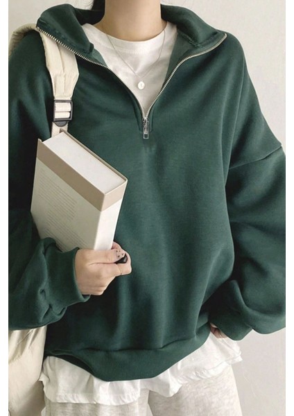 Kadın Pamuklu Oversize Silver Yarım Fermuarlı Sweatshirt modelleri