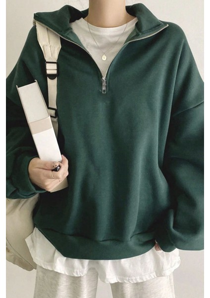 Kadın Pamuklu Oversize Silver Yarım Fermuarlı Sweatshirt fırsatları