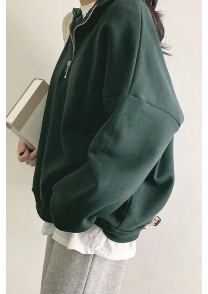 Kadın Pamuklu Oversize Silver Yarım Fermuarlı Sweatshirt indirimleri