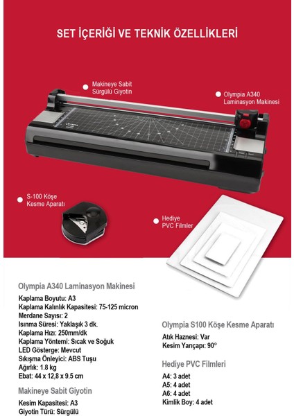 A3 Kağıt Kesme ve Laminasyon Makinesi Seti, 15 Pvc Filmi ile fiyatları