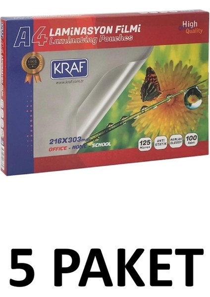 5 Paket A4 Laminasyon Filmi 125 Micron, 100'LÜ Set, Yüksek Kalite Koruma