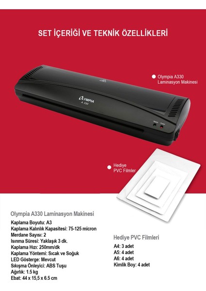 A3 Laminasyon Makinesi + 15 Pvc Film, Yüksek Kalite ve Kolay Kullanım Sağlar fiyatları